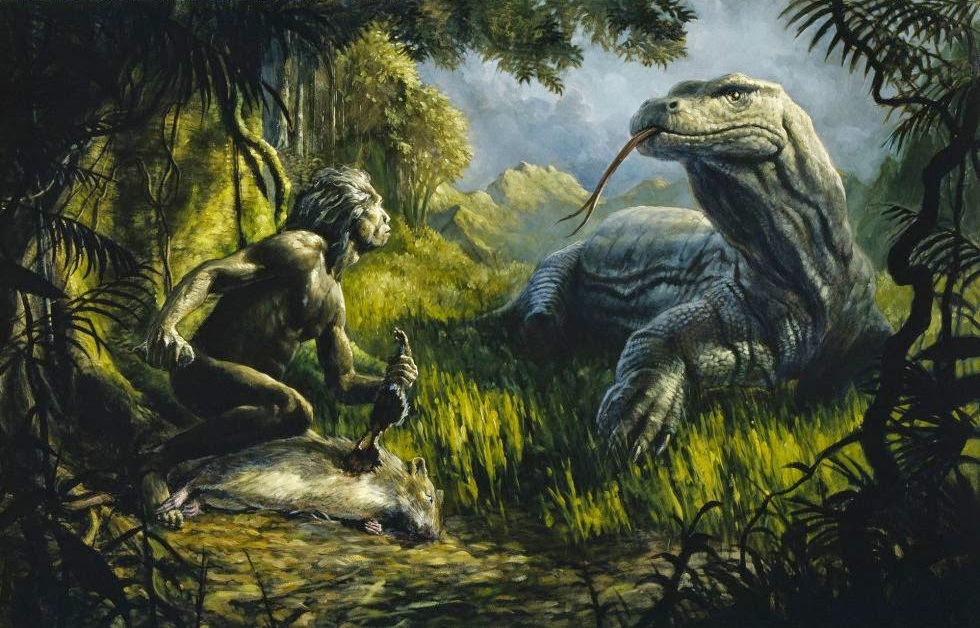 доисторический человек и динозавр