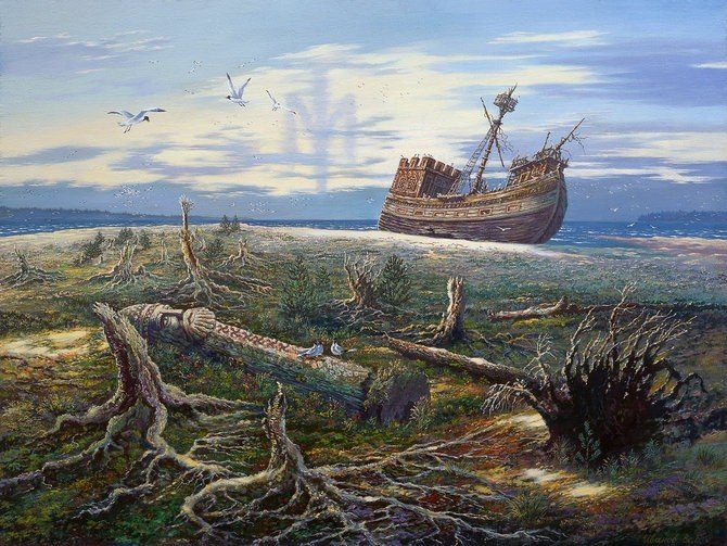 картина: корабль на суше