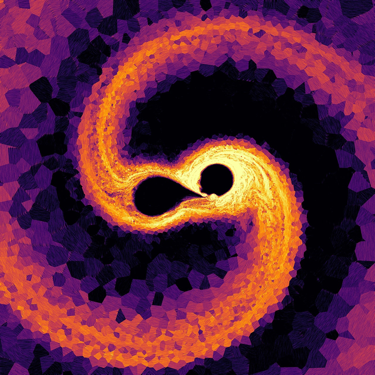 Кадр из симуляции рождения массивной звезды с сильным магнитным полем, такой как Тау Скорпион. Интенсивность окраски указывает на силу магнитного поля, а штриховка отражает направление его линий.