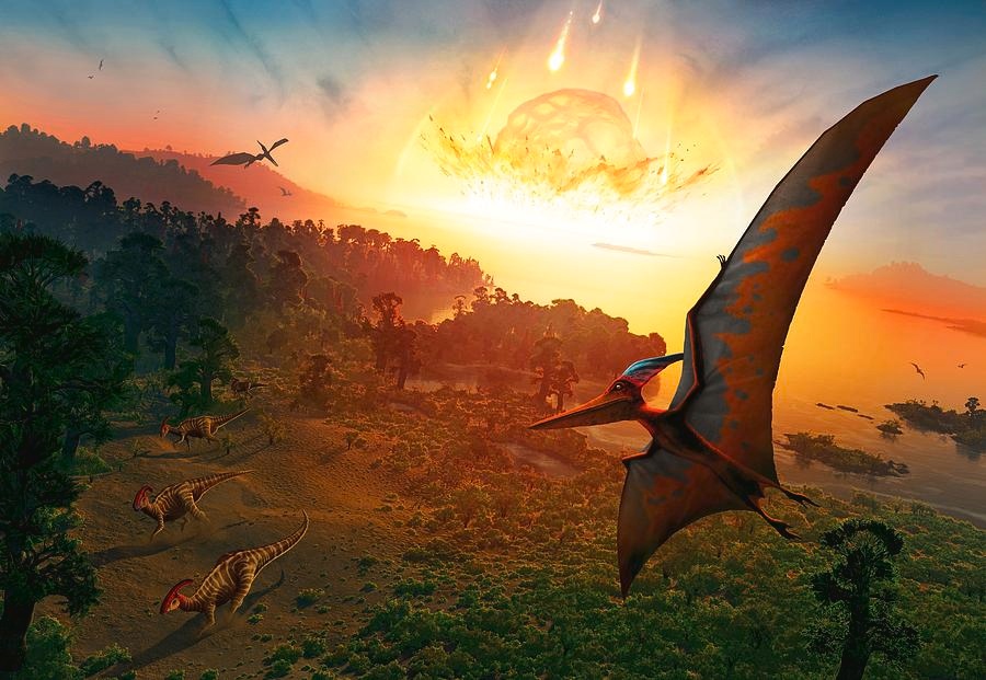 Падение астероида, положившего конец эпохе динозавров, в представлении художника.