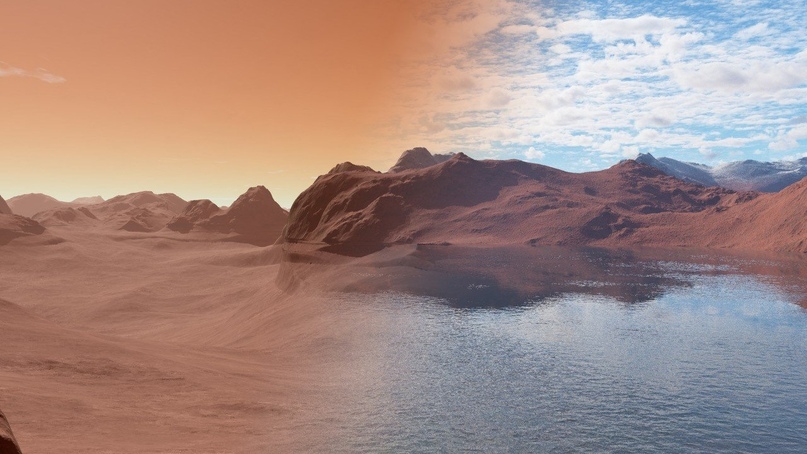 Художественное сравнение современного (слева) и древнего (справа) Марса.