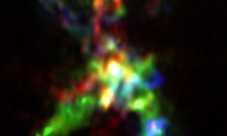 Изображение области AFGL 5142, полученное системой ALMA. Цвета показывают различия в скоростях газовых облаков.