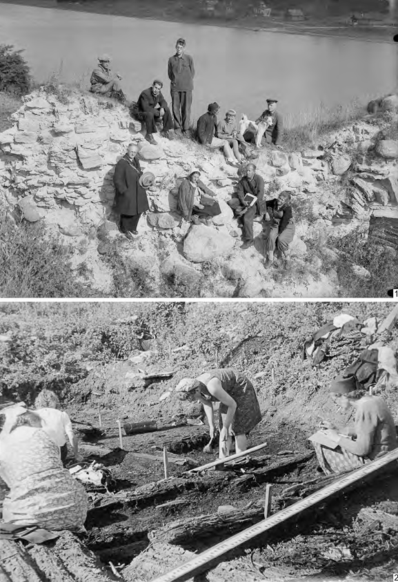 Рис. 2. Староладожская экспедиция 1947 г. 1 — на стене крепости в верхнем ряду сидит Гали Фёдоровна с сыном; 2 — Г.Ф. Корзухина (справа) за работой на раскопе
