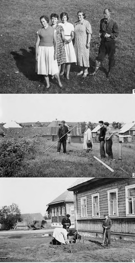 Рис. 3. Торопецкая экспедиция 1960 г. 1 — состав отряда слева направо: М.В. Малевская, Е. Вилинбахова, Т. Ратнер, Г.Ф. Корзухина, К.Д. Лаушкин; 2–3 — Г.Ф. Корзухина руководит разбивкой шурфов на «Большом городище»