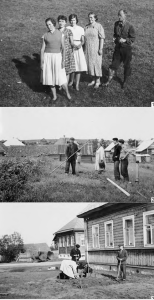Рис. 3. Торопецкая экспедиция 1960 г. 1 — состав отряда слева направо: М.В. Малевская, Е. Вилинбахова, Т. Ратнер, Г.Ф. Корзухина, К.Д. Лаушкин; 2–3 — Г.Ф. Корзухина руководит разбивкой шурфов на «Большом городище»